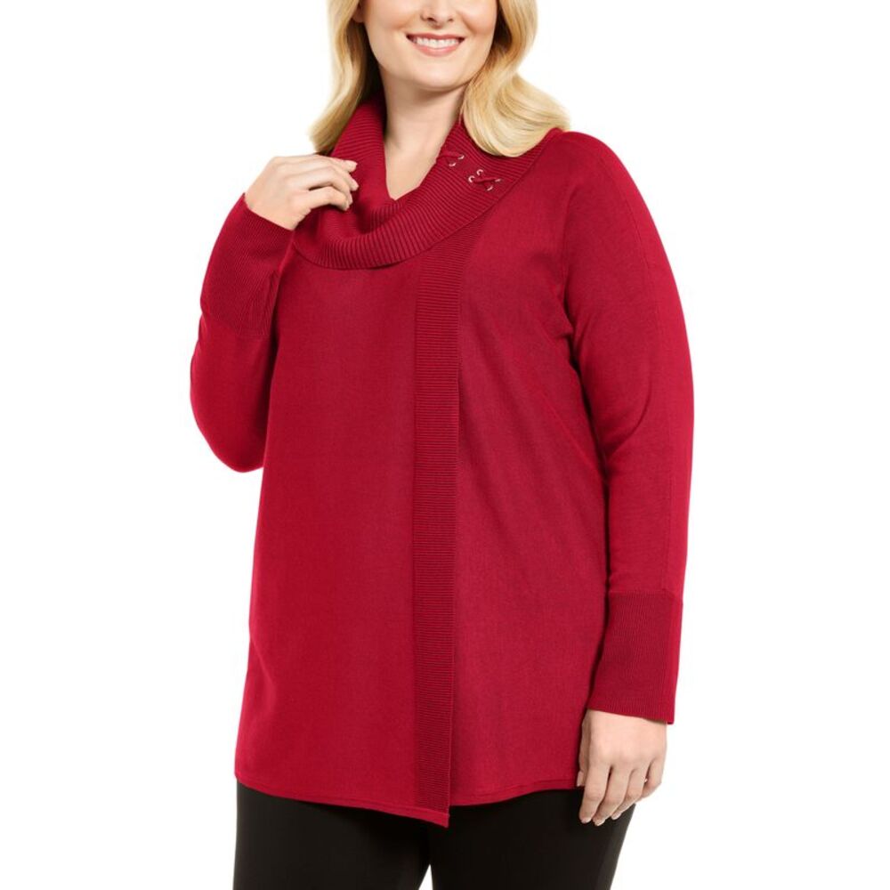JM Collection Plus Size Lace Up Cowlneck Sweater